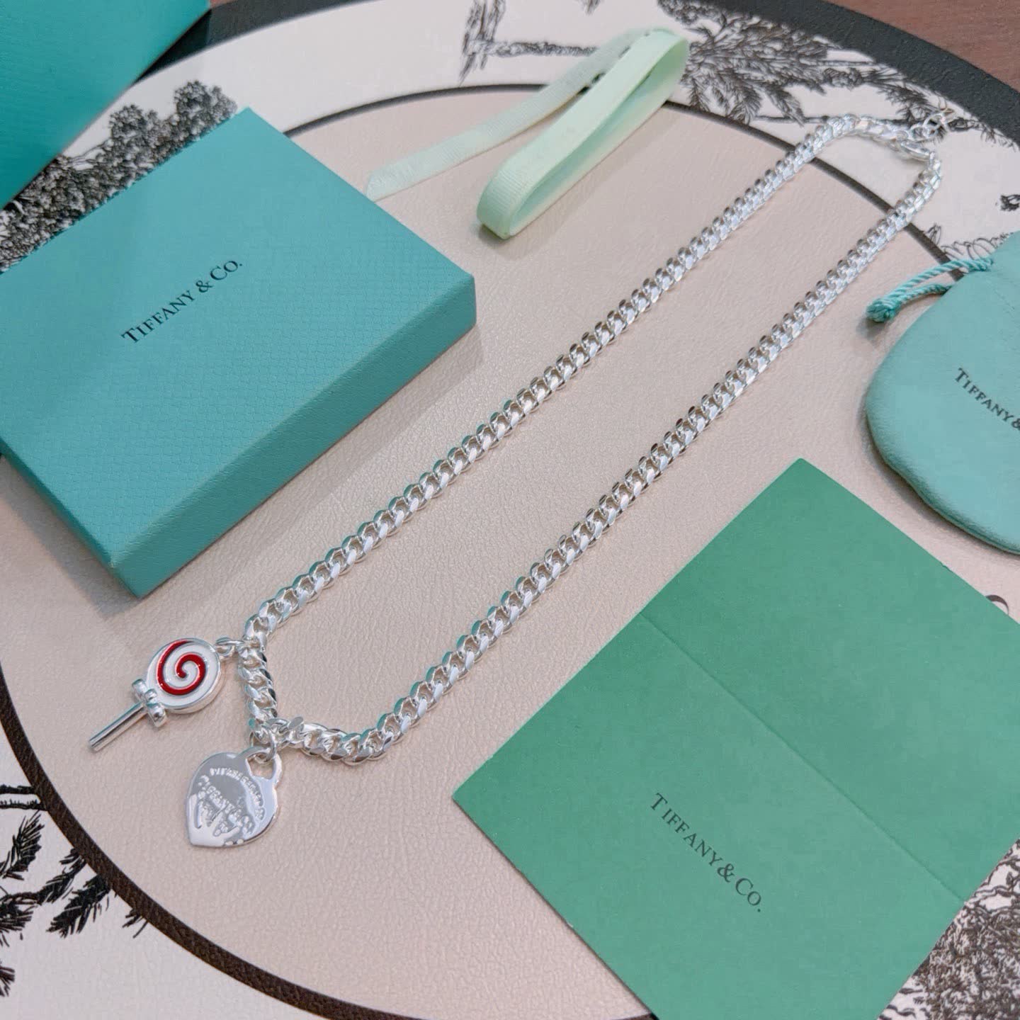 Tiffany & Co. Silver Chain Necklace with Lollipop and Heart Charms